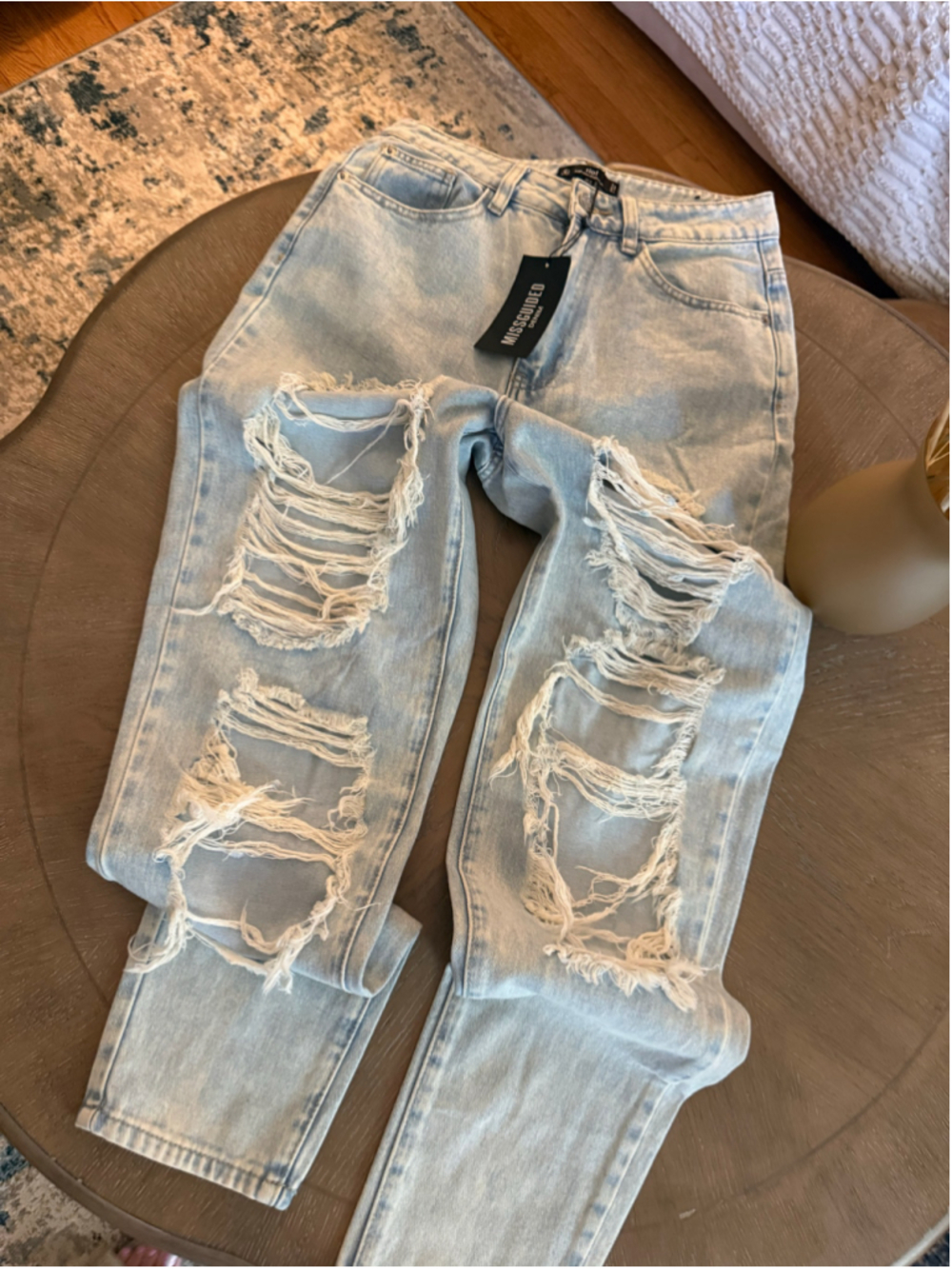 Women's Missguided High Rise Distressed Mom Jeans Light Blue Size 10